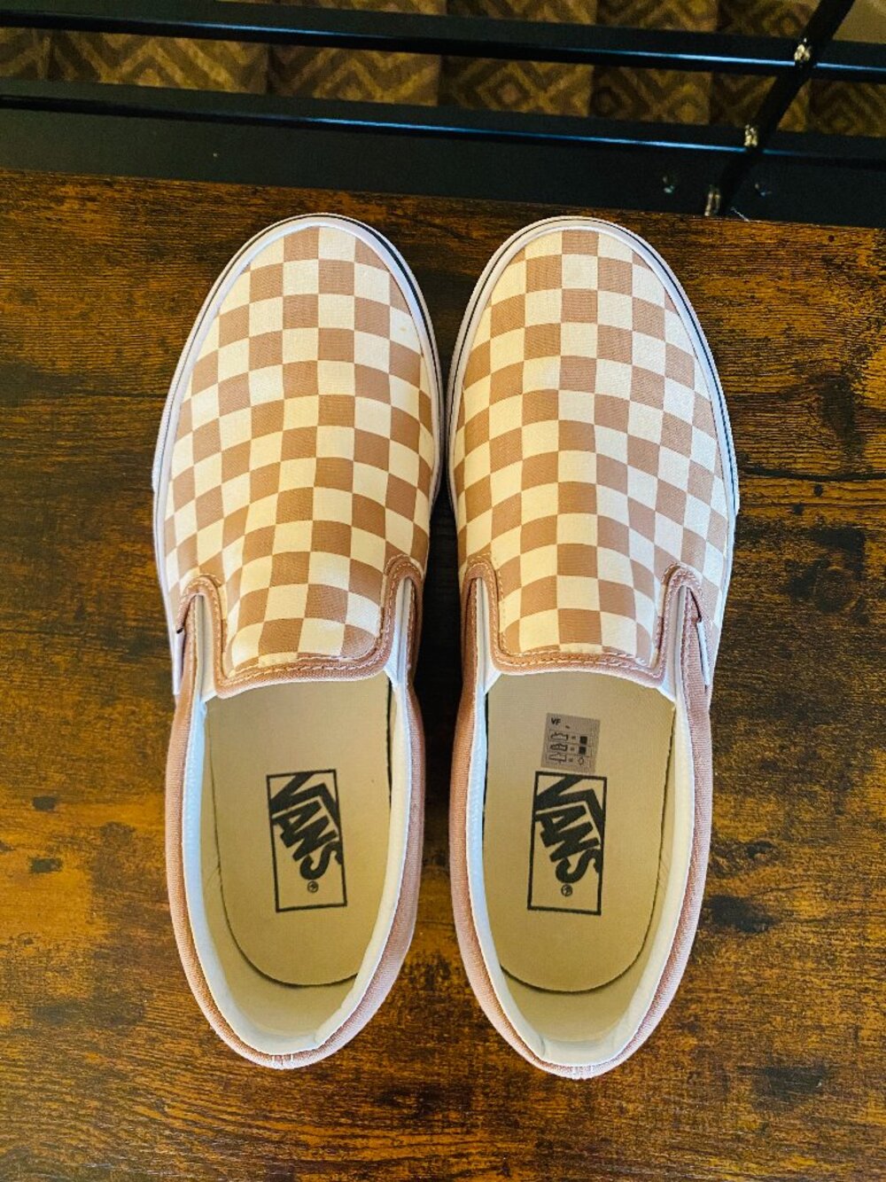 Vans Classic Slip on Checkerboard Sneaker, Walnut Brown/White, 8M/9.5W